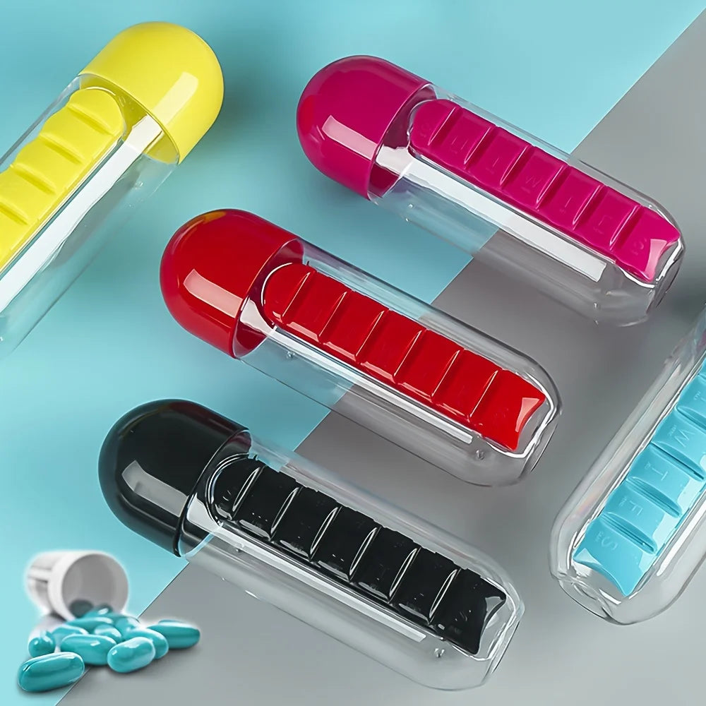 2-in-1 Water Bottle with 7-Day Pill Organizer – 600ml