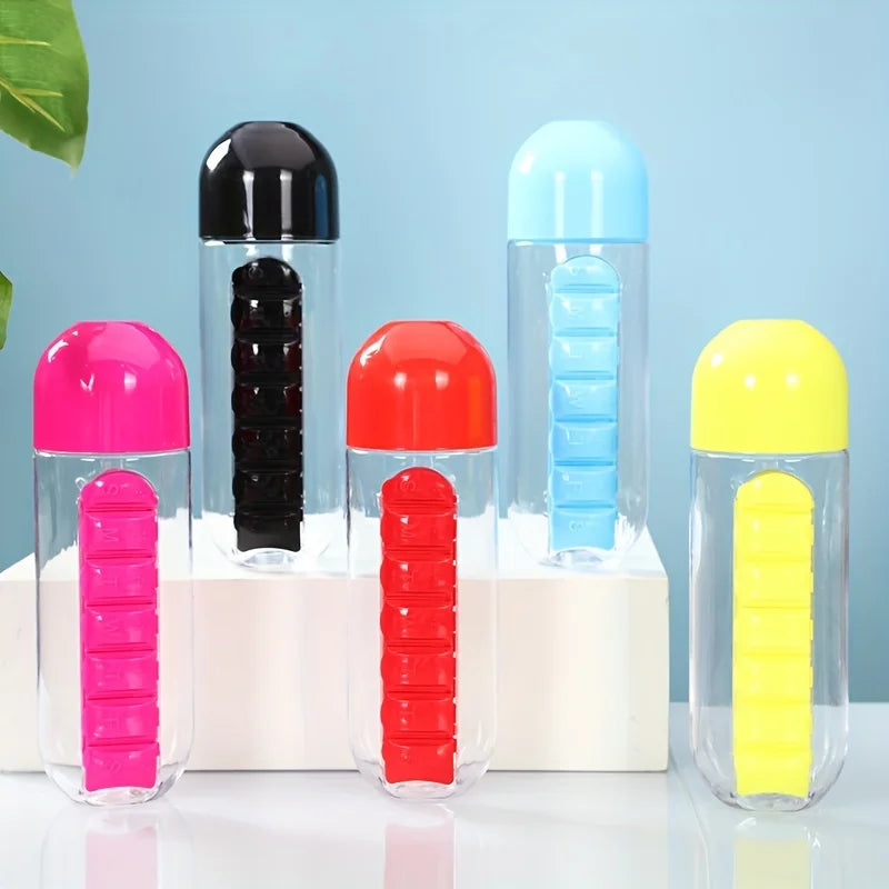 2-in-1 Water Bottle with 7-Day Pill Organizer – 600ml